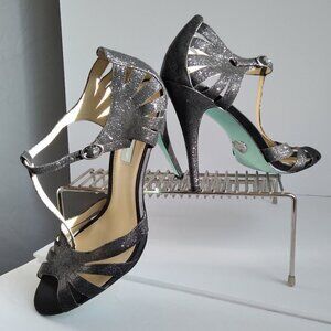 Black Suede Silver Glitter Peep Toe Cut Out Stiletto Heel TStrap Sandals Sz 9.5